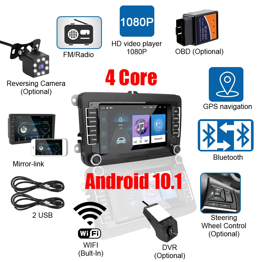 $73.51 Bluetooth WiFi GPS Car Radio 1G+16G 2 Din Android 10.1 7 Inch for VW/Volkswagen Seat Skoda Golf Passat Multimedia Player