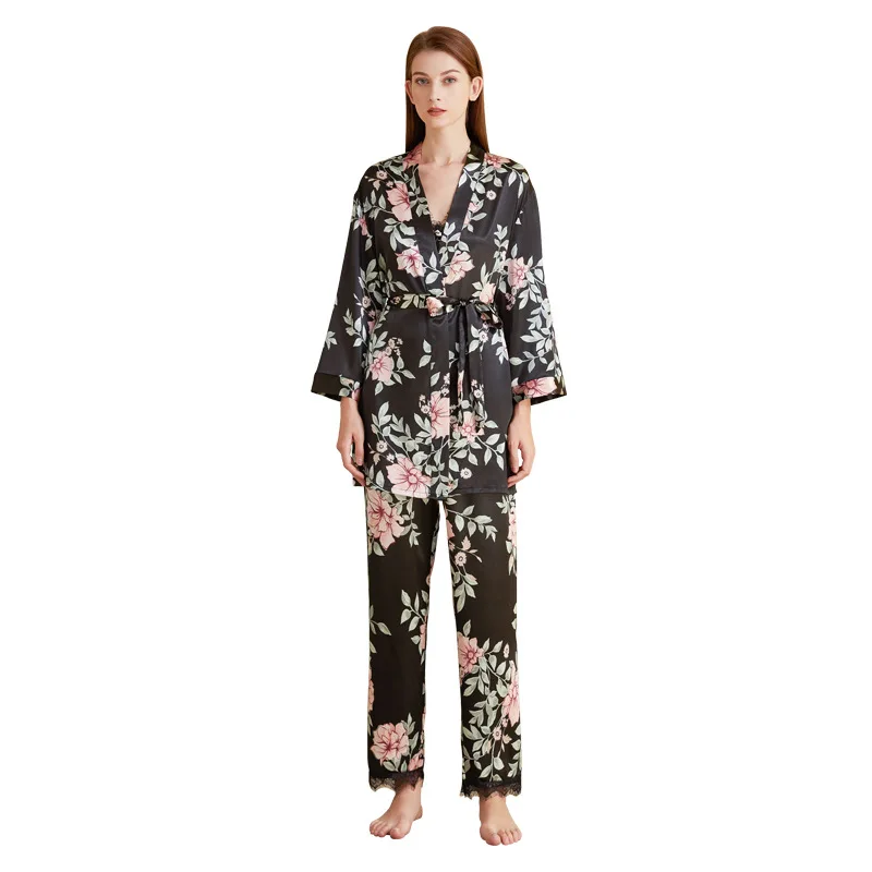 Floral Print Black Color Luxury Women Pjs Silk Pajamas Set Long-Sleeve Autumn Winter Sleepwear Nightwear Set For Women Homewear