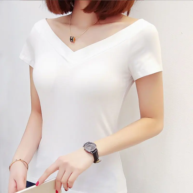 

Slim White Women's Top V Neck Clothing Black T-shirt Woman Short Sleeve Skinny 2023 Tees Trend New In Aesthetic Causal Pulovers