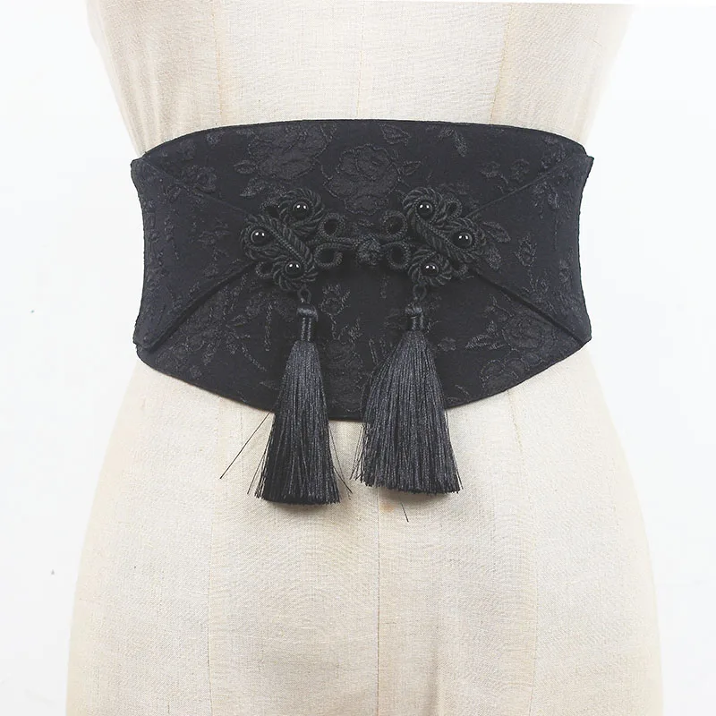 Chinese Traditional Style Silk Satin Wide Waistbands  Women Flower Printing Tassel Elastic Waist Belts Female Strech Corset Belt