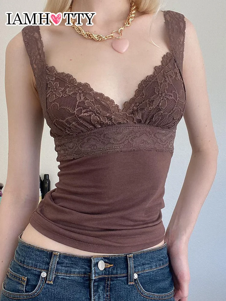 

IAMHOTTY y2k Lace Patchwork Milkmiad Tank Top Brown Fairycore Grunge Sleeveless Deep V-neck Sexy Crop Top Basic Knitted Vest