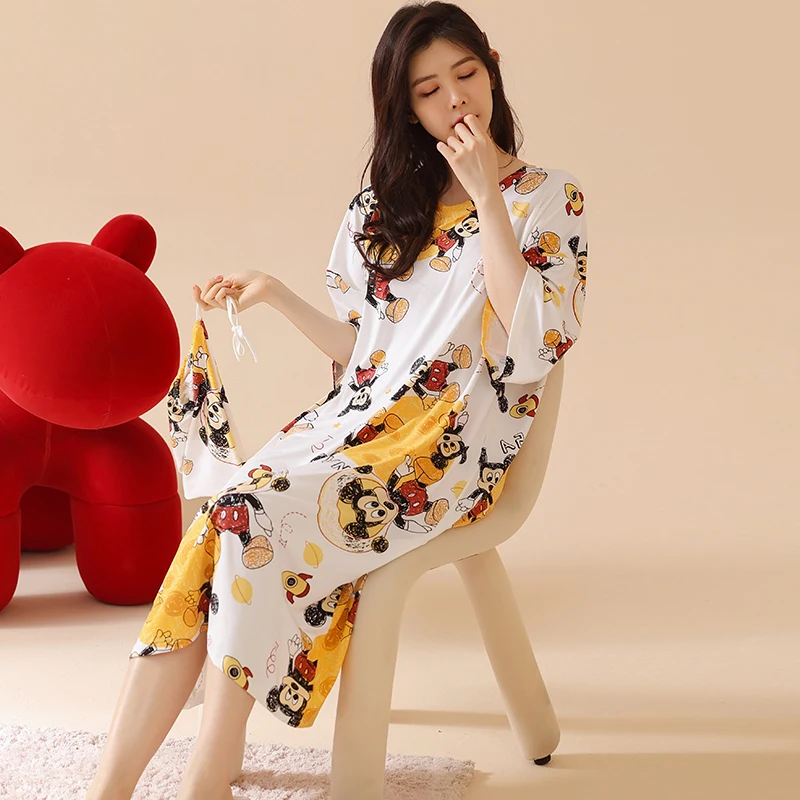 Disney Summer High Quality Mickey Sleepshirt Women Nightgown Casual Cotton Nightdress Female Short Sleeve O-neck Sleeping Dress