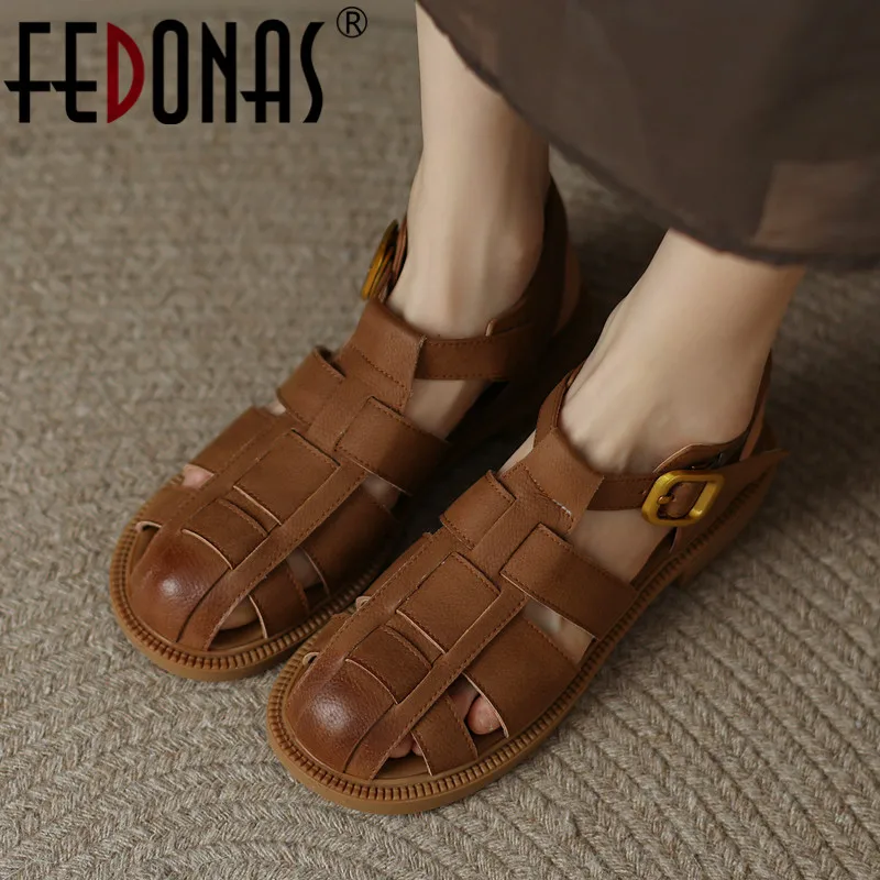 

Женские босоножки с пряжкой FEDONAS, черные босоножки из натуральной кожи в стиле ретро, повседневная обувь на лето 2019