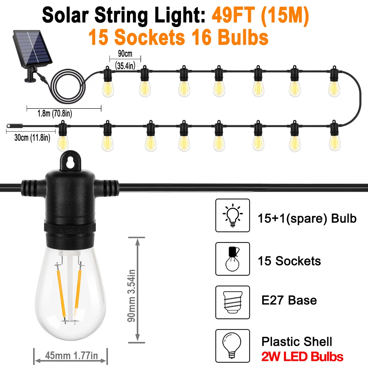 

Солнечный гирляндный светильник GANRILAND S14 теплый белый 10+1 лампочек 7,6 м