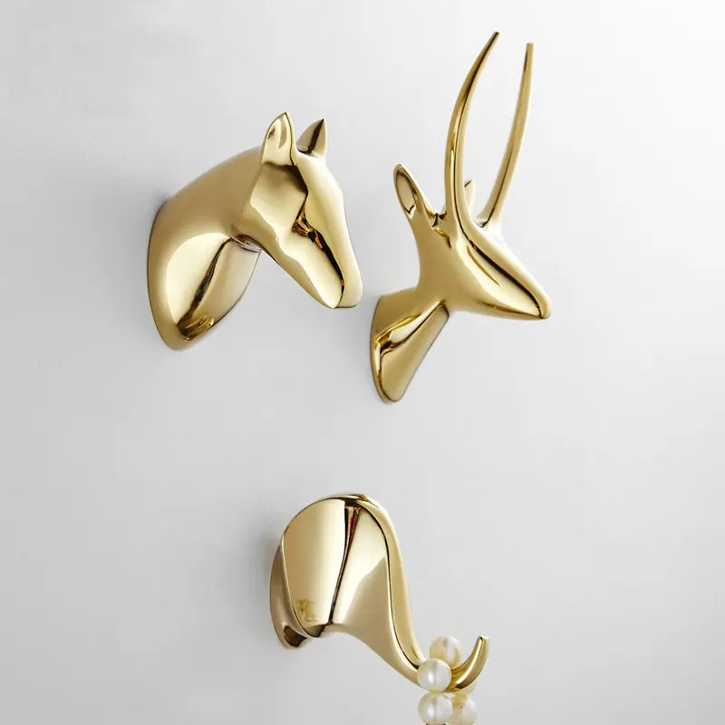 

Golden Polished Solid Horse Antelope Head Coat Hooks Wall Hang Mounted Towel Hook Clothes Hook Bathroom Hardware