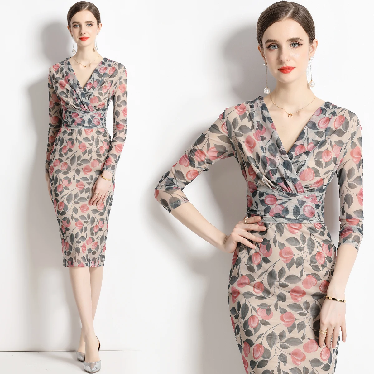 

Printed dress new V-neck lace-up slim midi skirt female HL9019072