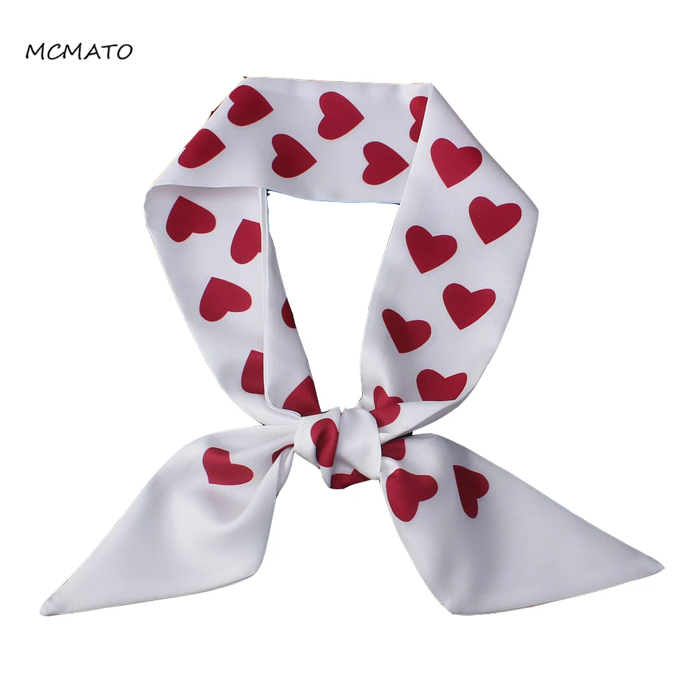 

New Love-Heart Print Woman Silk Scarf 100cm*6cm Long Small Scarves Bag Ribbons Kerchief Head Scarf Red White Ladies Tie