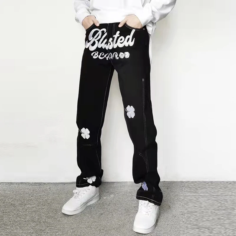

Retro Letter Flower Embroidery Heart Broken Streetwear Mens Denim Pants Distressed Washed Black Spliced Oversized Couple Jeans