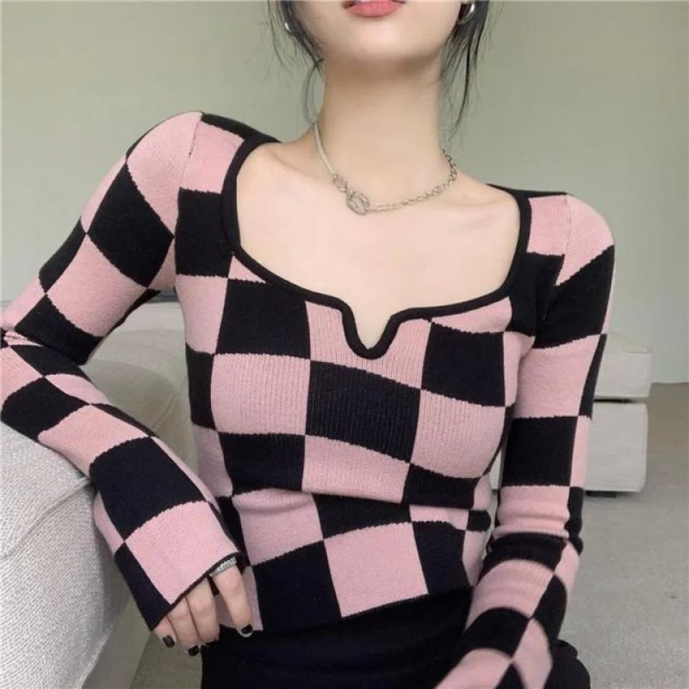

Spring Women's Knitted T-shirt with Pink Plaid Square Collar Ladies Top with Long Sleeves 2022 Elegant E Girl Slim Short T-shirt