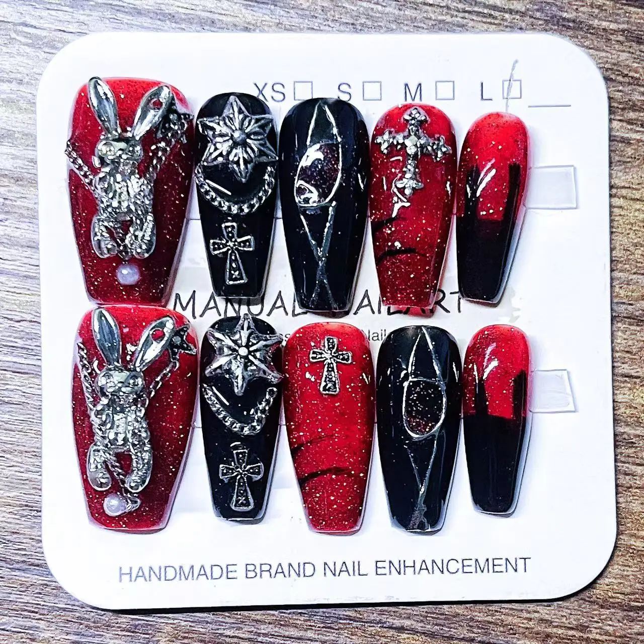 Накладные ногти ручной работы Y2k в готическом стиле черные и красные накладные на