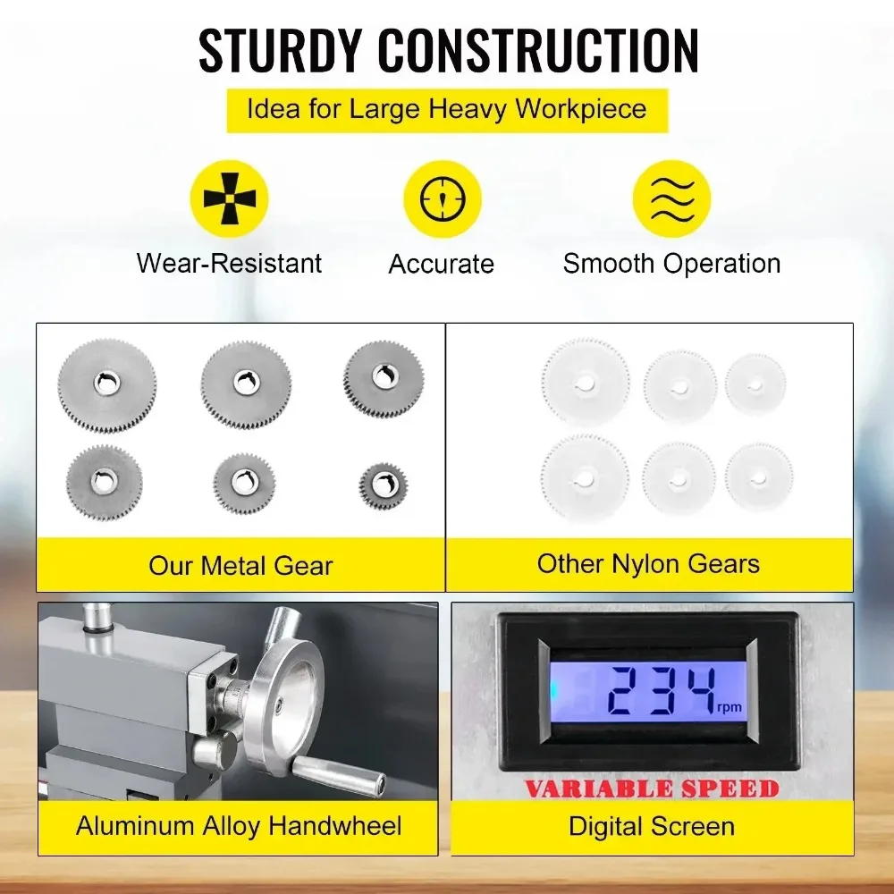 Мини-токарный станок по металлу VEVOR 1100 Вт мини-токарный 220x600 мм 38 шпиндель