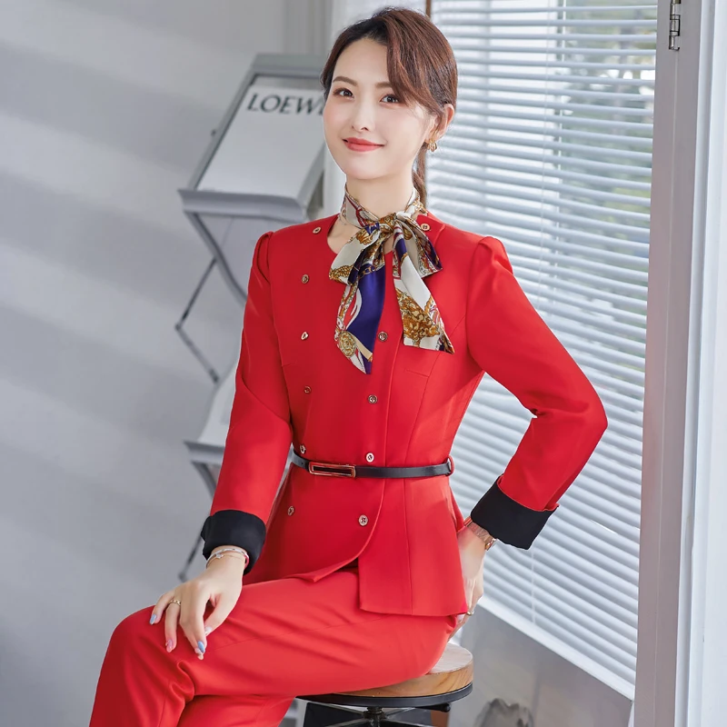 

Korean autumn suit large size office women business white-collar formal dress professional dress work clothes red suit + pants