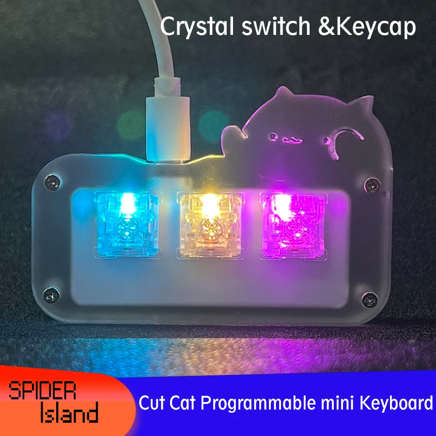Mini Cute Cat Keyboard 3 Key Crystal Switch with Transparent Keycap Acrylic RGB Programmable Macro Keyboard Mechanical Game