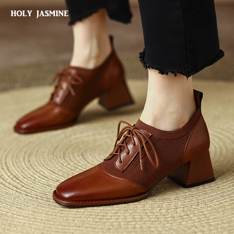 

2023 Spring/Autumn Women Shoes Round Toe Chunky Heel Shoes Women Split Leather Women Pumps Solid Concise Lace Up Shoes for Women