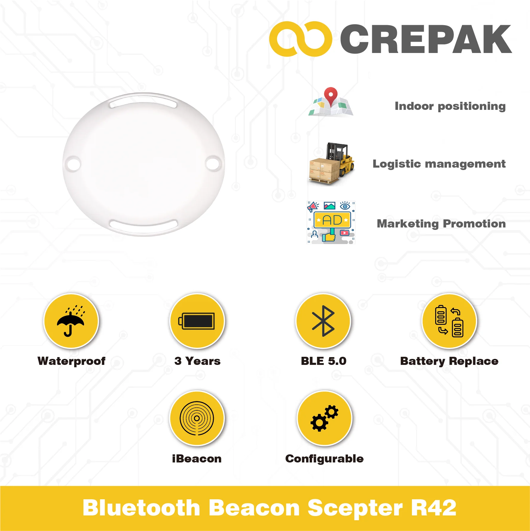 

3 Years NRF 52810 Waterproof Battery Replaceable Bluetooth Beacon/Ibeacon/Active RFID/BLE 5.0 Tag/Position Station/ Scepter R42