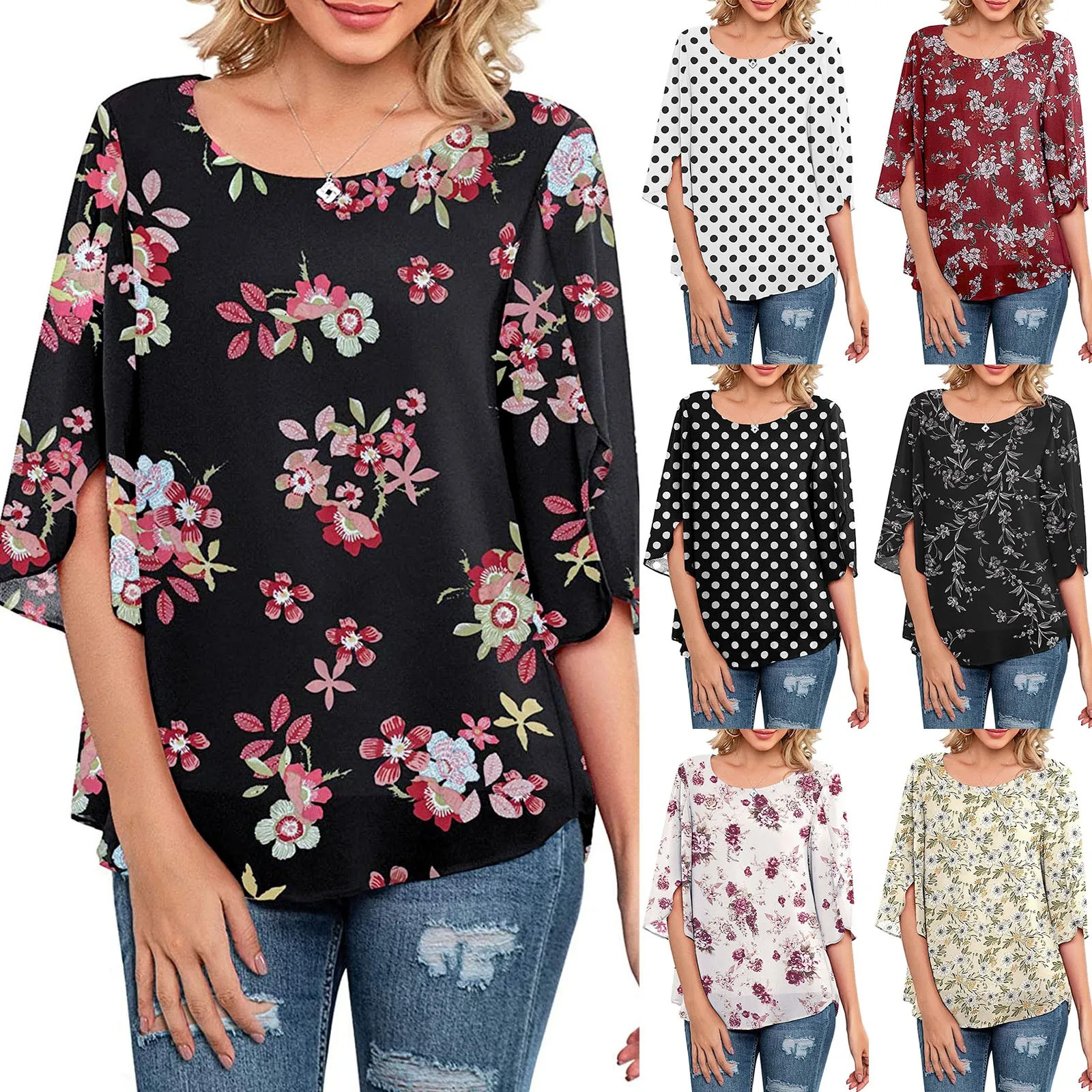 

Женская летняя повседневная Свободная рубашка с круглым вырезом и рукавом семь точек рубашка с принтом топы татуированные рубашки для женщ...