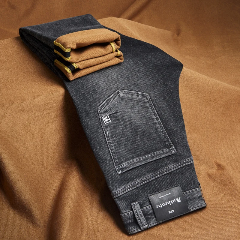 

VAJANED 2022 Spring and Autumn Brand High Quality Fleece Thick Fit Straight Jeans Fashionable Young Men Stretch Slim Jeans Black