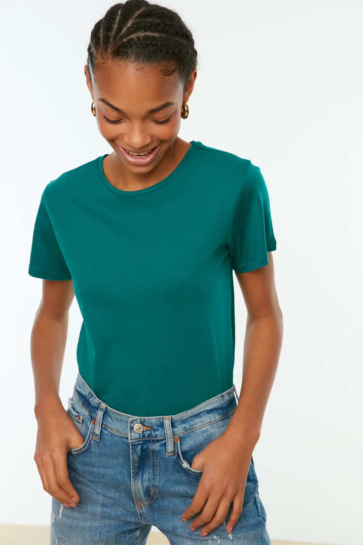 Women T-Shirt Top Emerald Green 100% Cotton Bicycle Collar Basic Knitting T-Shirt