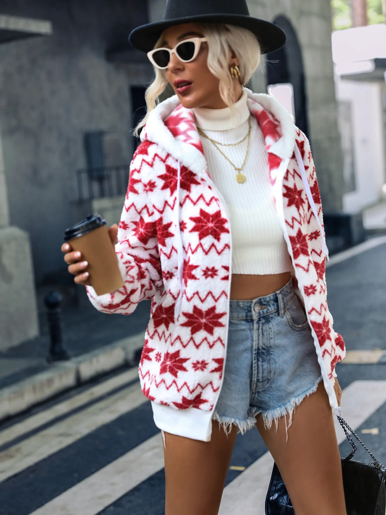 Fashionable new women's plush medium long hooded geometric printing long sleeve zipper plush coat
