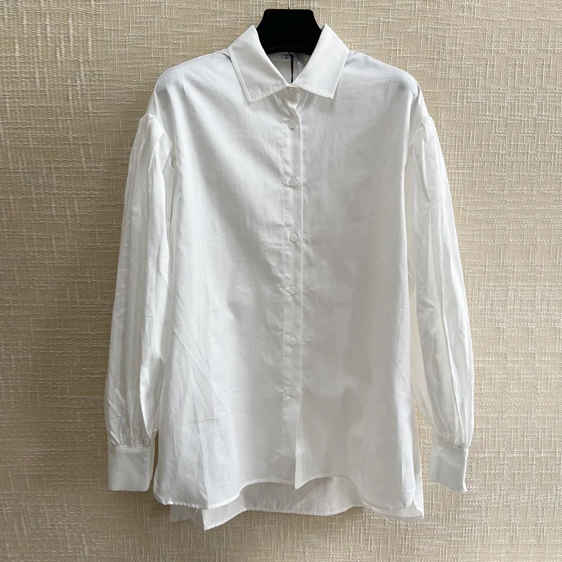 

Белая женская рубашка из 100% хлопка с длинным рукавом, Повседневные базовые Топы, элегантная шикарная офисная блузка с отложным воротником, роскошная одежда