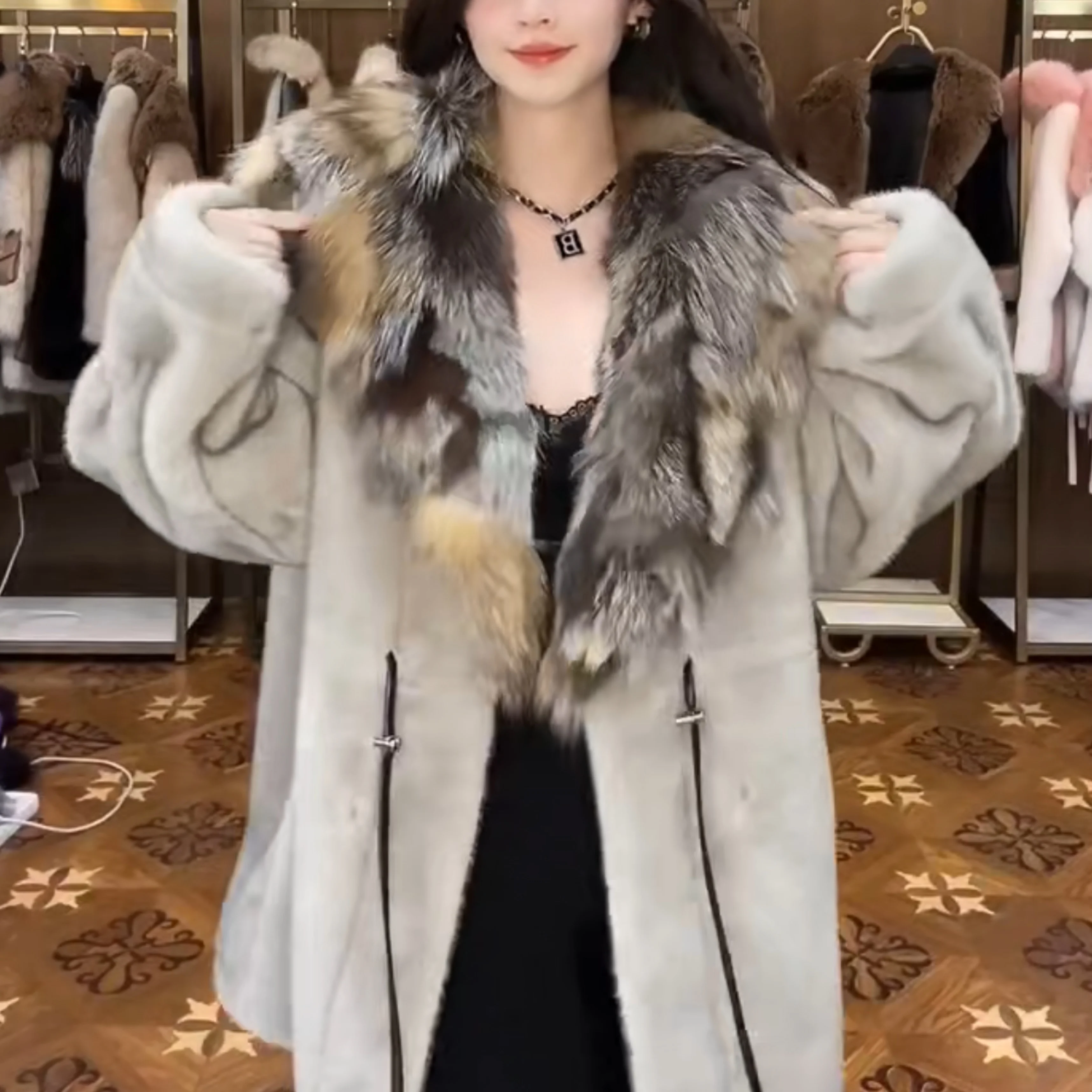 2022 Winter Clothes Fashion Fox Fur with Mink Fur Coats High-End Luxury Long Sleeve Women's Mid-Length Elegant Warm Fur Jacket