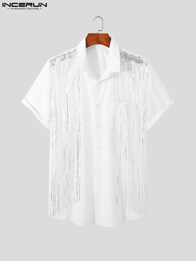 Casual Party Style Tops INCERUN Sexy New Men Shiny Tassel Shirts Fashion All-match Solid Short-sleeved Lapel Button Blouse S-5XL