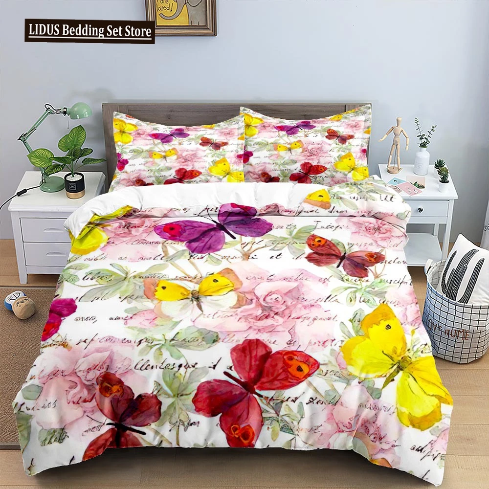Butterfly Duvet Cover Set King Twin Size Colourful Bedspread With Flower Polyester Bedding For Girl Kid Teen