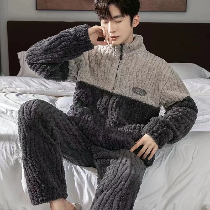 Мужские пижамные комплекты зима 2024 утепленная теплая одежда для сна ночная