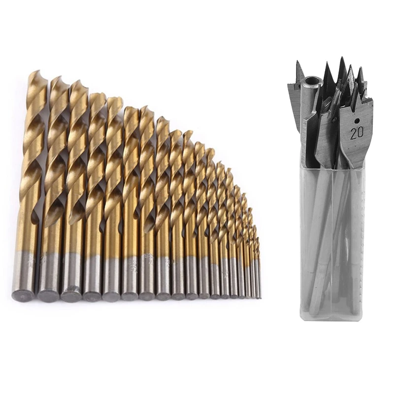 

19 Pcs HSS Drill Bit Set 1Mm-10Mm Quality German Tools & 15Pcs Full Carbon Steel Hex Shank Spade Flat Wood Drill Bit Set
