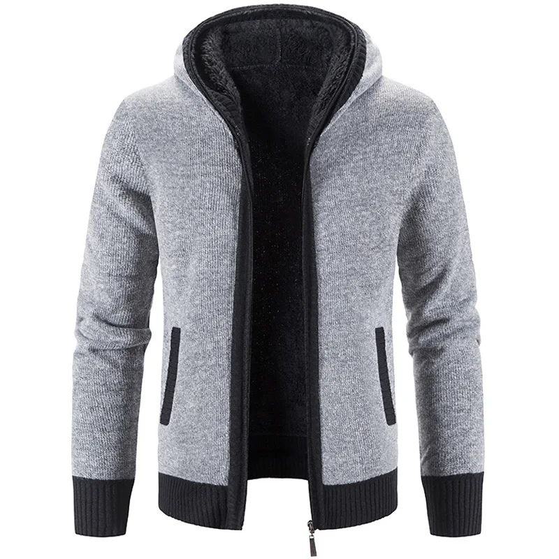 

New Winter Men's Hooded Cardigan Sweater Fleece Thickened Cardigans Knitwear Jacket Zipper Casual Mens Clothing Sweatercoat