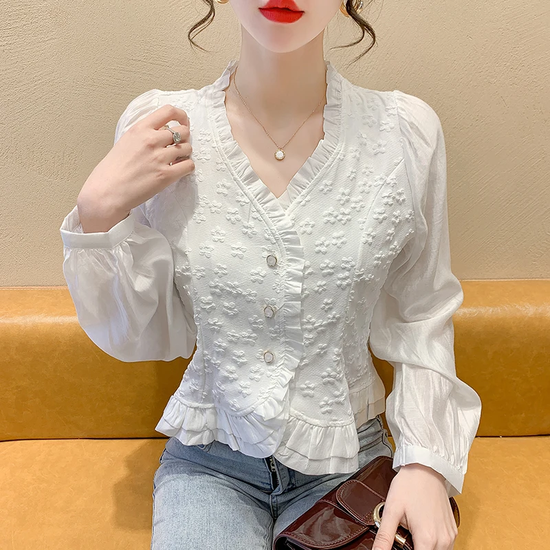 

Женская однотонная рубашка с v-образным вырезом, длинным рукавом