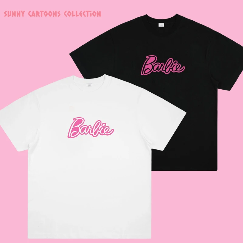 

Трендовая футболка Miniso для девочек Барби, милая розовая футболка, женские хлопковые простые базовые Топы с коротким рукавом и буквенным принтом, Повседневная Свободная одежда