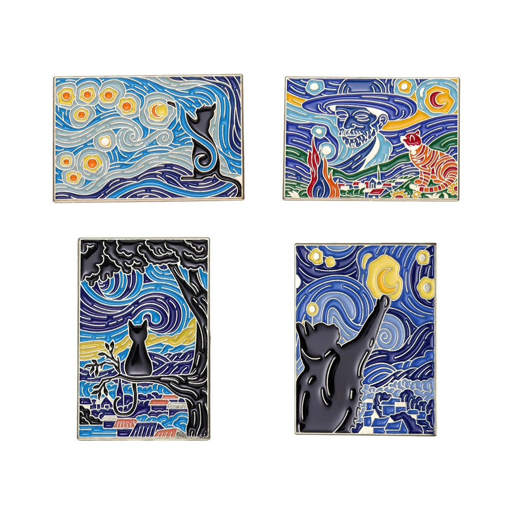 

Vintage Van Gogh Painting Cats Men Women's Brooches Lapel Pins for Backpack Soft Enamel Pin Badges Holiday Accessories Gifts