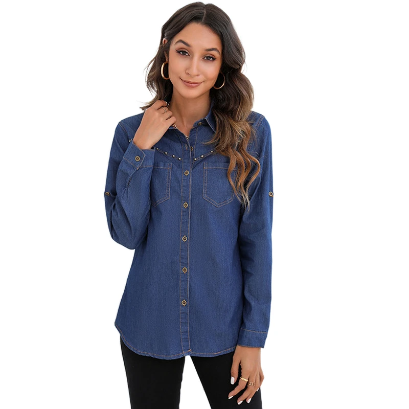

Blue Denim Women's Shirt Office Lady Blouse Long Sleeve 2022 Spring Korean Fashion Single Breasted Blouses Shirts Female Top