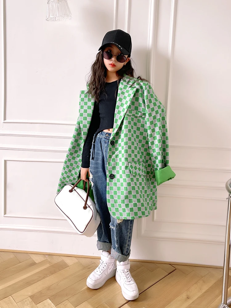 

2022 spring new green checkerboard suit jacket girls casual foreign style high-quality suit top