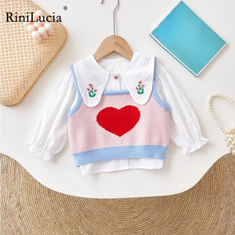 

RiniLucia 2022 Autumn Girls Shirt Clothes With Vest Long Sleeve Baby Cotton Embroidery Cardigan Shirt Turn Down Collar Blouse