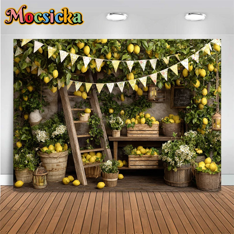 Фото Фон для фотосессии Mocsicka Farmhouse: Желтые лимоны, цветочные корзины, гирлянда-флажки, реквизит для детских и семейных портретов, студийный фон №1