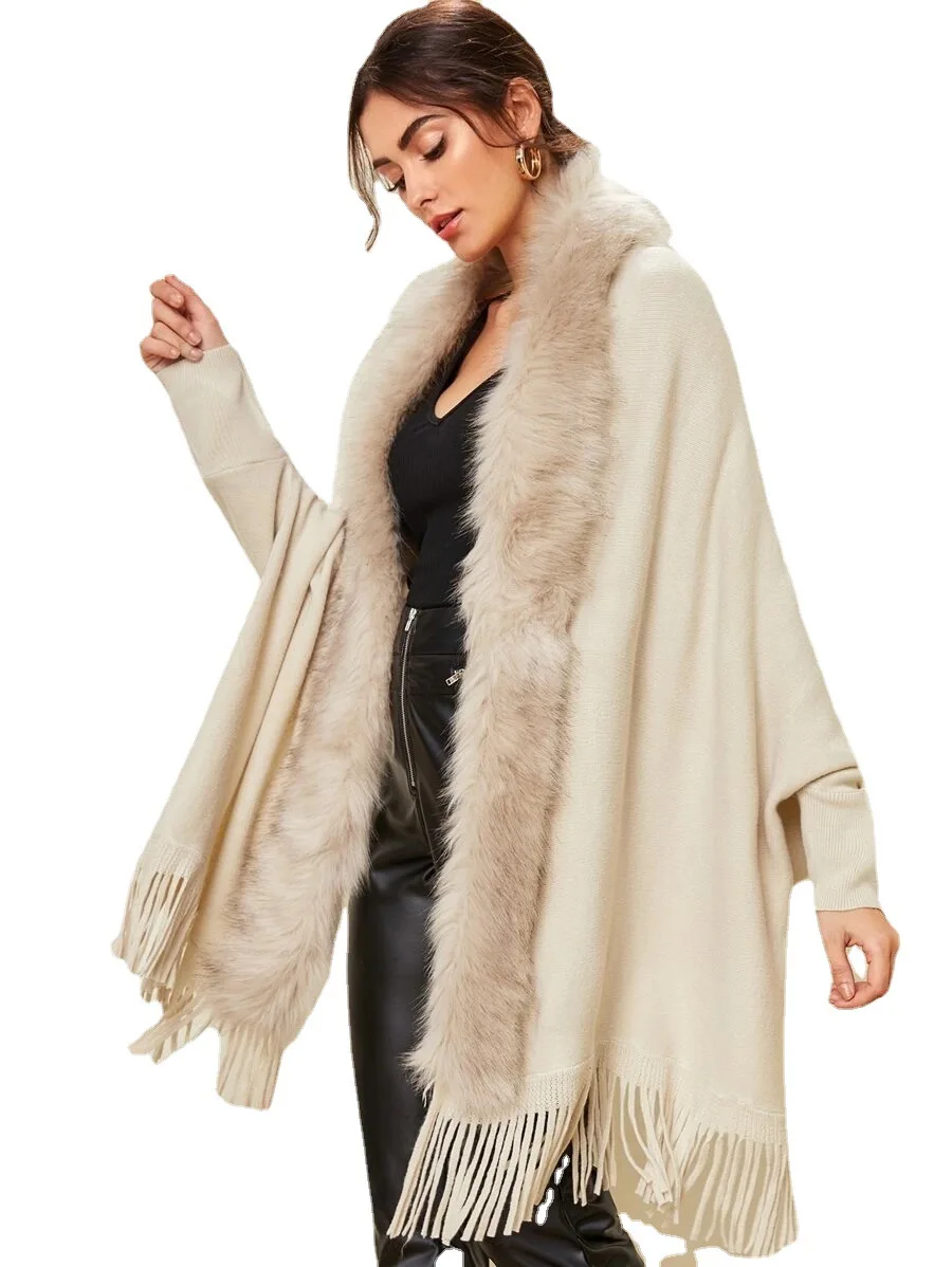 2022 Autumn and Winter Fur Fur Collar Shawl Cardigan Women's Sweater Tassel Warm Bat Sleeved Coat Faux Fur Coat