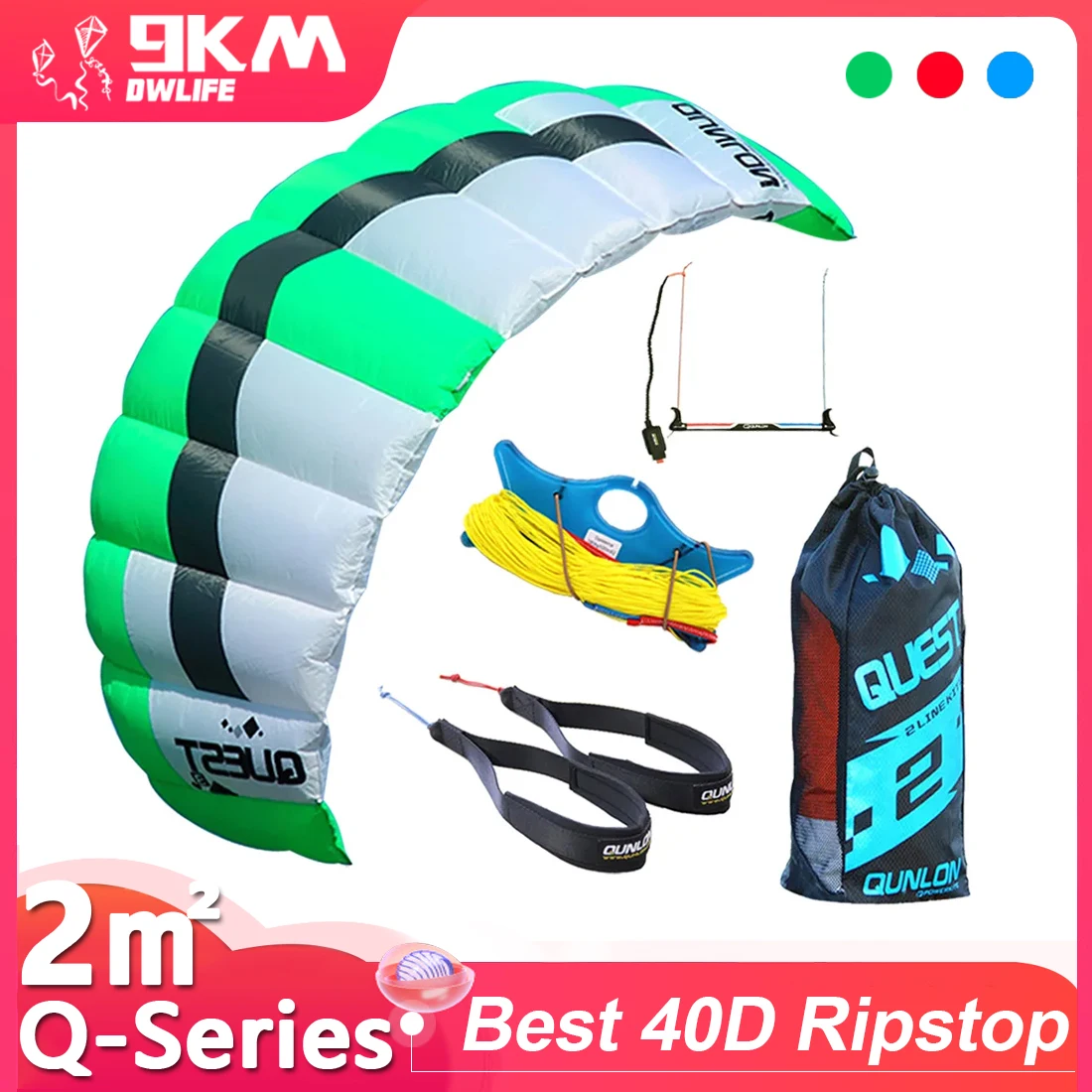 

9 км Профессиональный 2 м2 2-линейный тренировочный воздушный змей, Мощный воздушный змей Dyneema, летающие линии 180KGX20mX2 и аксессуары для управле...