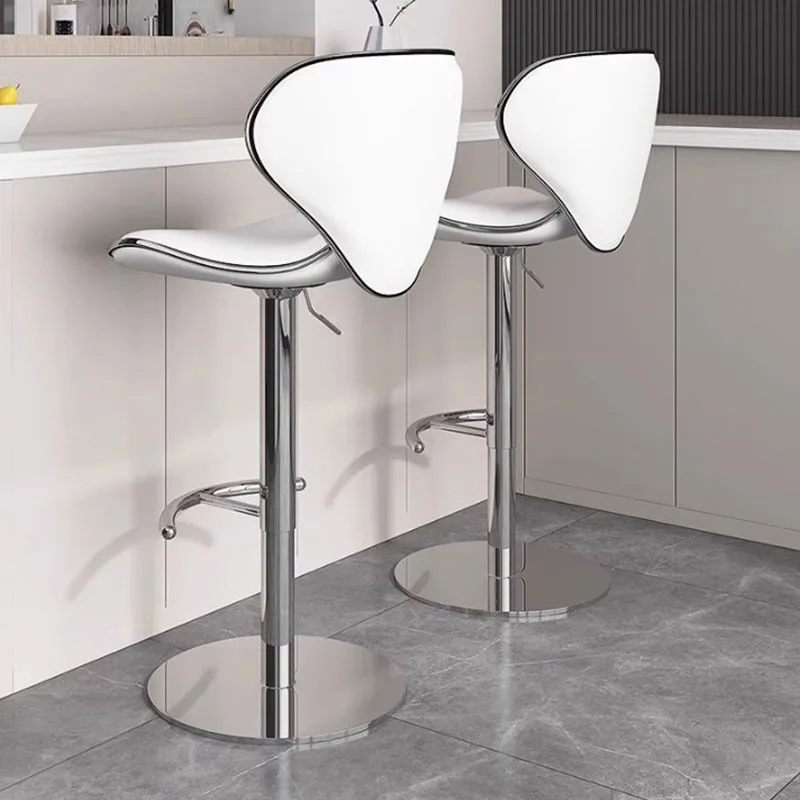 Кожаный стильный барный стул стальной серебристый регулируемый металлический