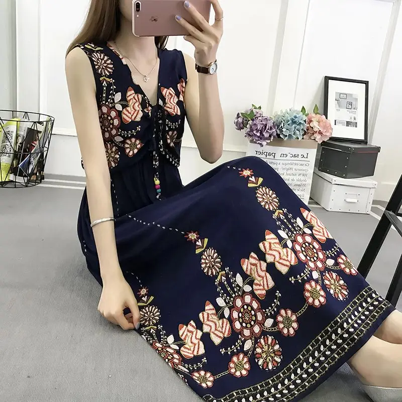 Женское богемное платье-трапеция без рукавов винтажное платье из хлопка и шелка