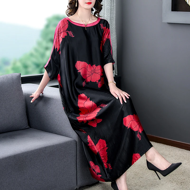 

Женское шелковое платье до колена, свободное платье с коротким рукавом летучая мышь, круглым вырезом и принтом, в этническом стиле, лето 2023