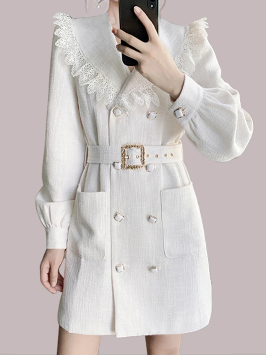 

Socialite French Style White Tweed Short Dress Autumn and Winter New Fashion Design Double Breasted Temperament Suit Dress Women