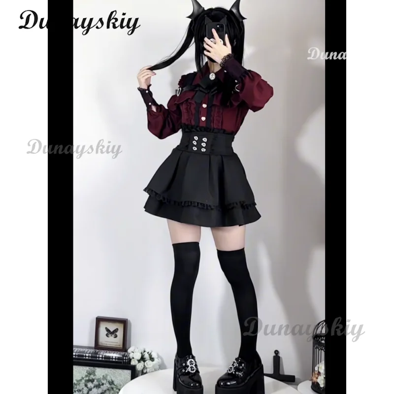 Фото Jirai kei Outfit Lolita Girls Blouse Top Женская рубашка с длинным рукавом Kawii Bow Черные юбки Рубашки Y2K Sweet Japanese Lady Style Set №4