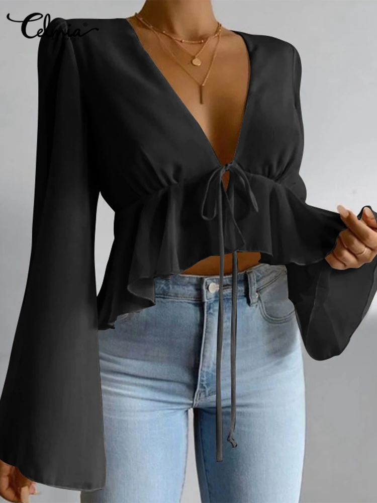 

Celmia Sexy Deep V Neck Vintage Shirts Bandage Solid Long Flare Sleeve Women Short Blouse Casual Ruffles 2022 Fashion Tunic Tops