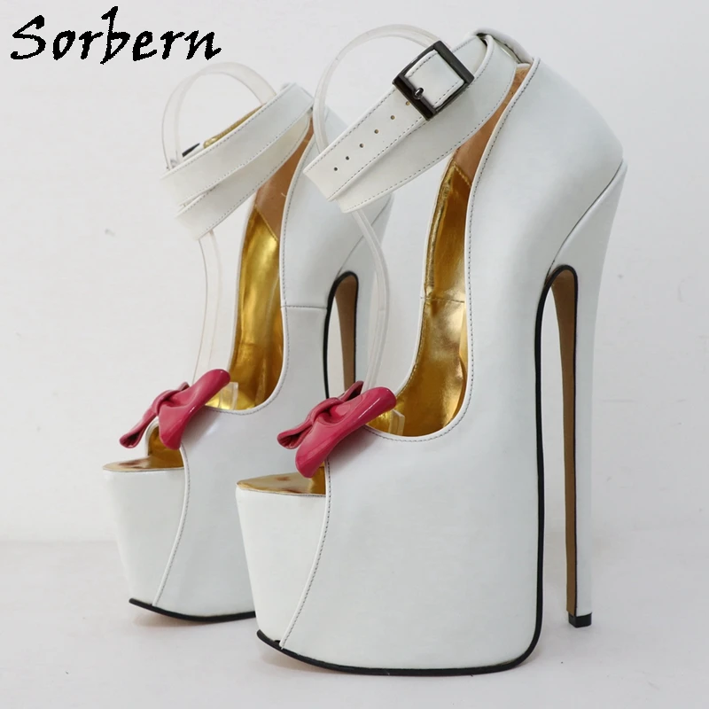 Sorbern White Real Leather Shoes Women 24Cm High Heel Double Ankle Straps With Bows Invisible Platform Open Toe Fetish Shoes