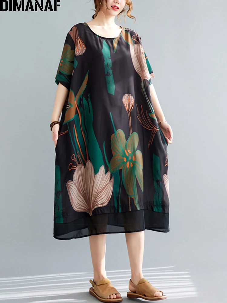 

DIMANAF 2022 Women Clothing Summer Beach Dress Casual Sundress Chiffon Print Floral Loose Oversize Vintage Lady Long Dress Black