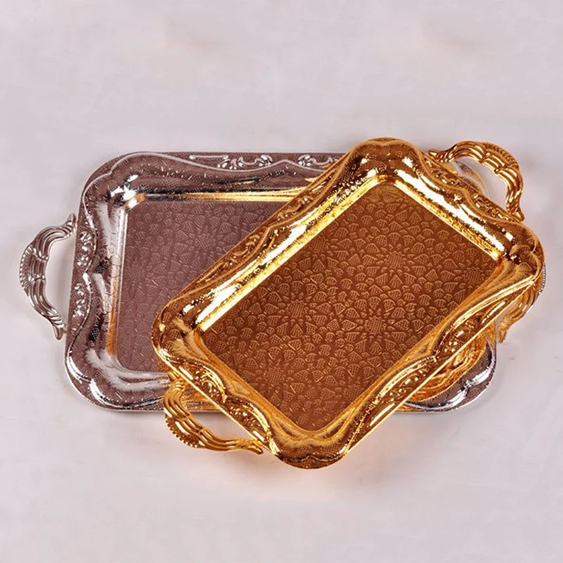 

Luxury Metal Storage Tray Stainless Steel Fruit Bread Plate Coffee Cake Dessert Serving Tray with Handle Hotel Restaurant Decor