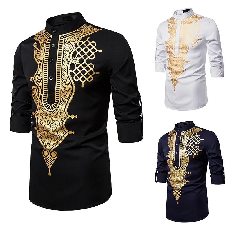 Men's casual fashion hot coating shirt totem long shirt Muslim straight shirt