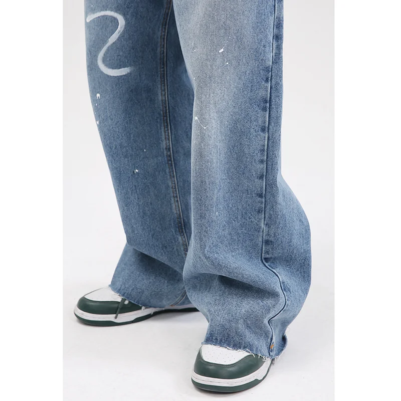 Streetwear Men 2022 Fashion New Pattern Vintage Recreational Blue Jeans Loose Straight Cylinder Broad Leg Trousers Autumn Female